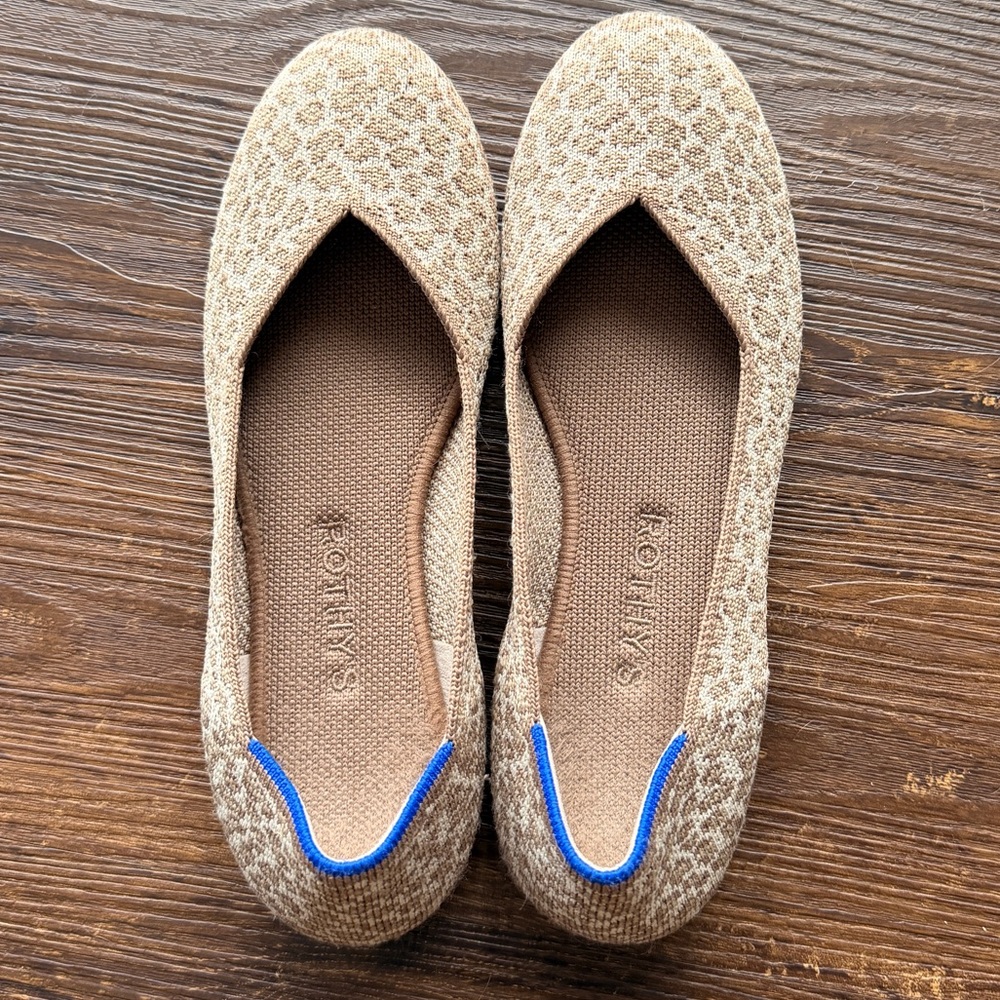 Rothy’s Round Toe Ballet Flats Cheetah Tab Beige Knit Size 6.5